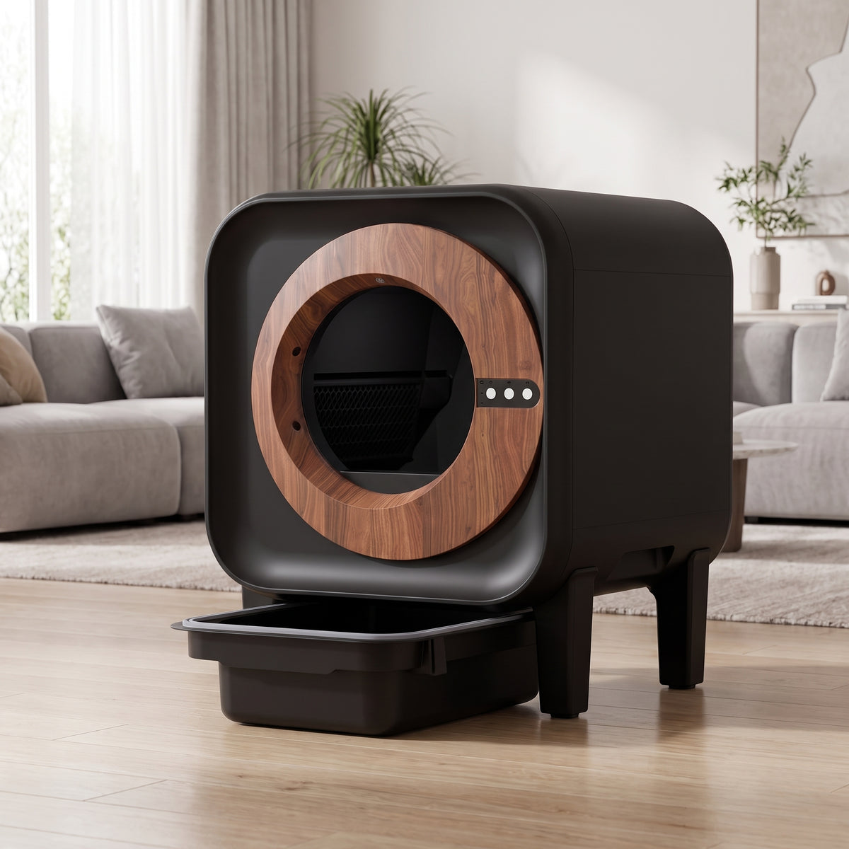 Litière Autonettoyante Connectée Design Noir et Bois - 70L