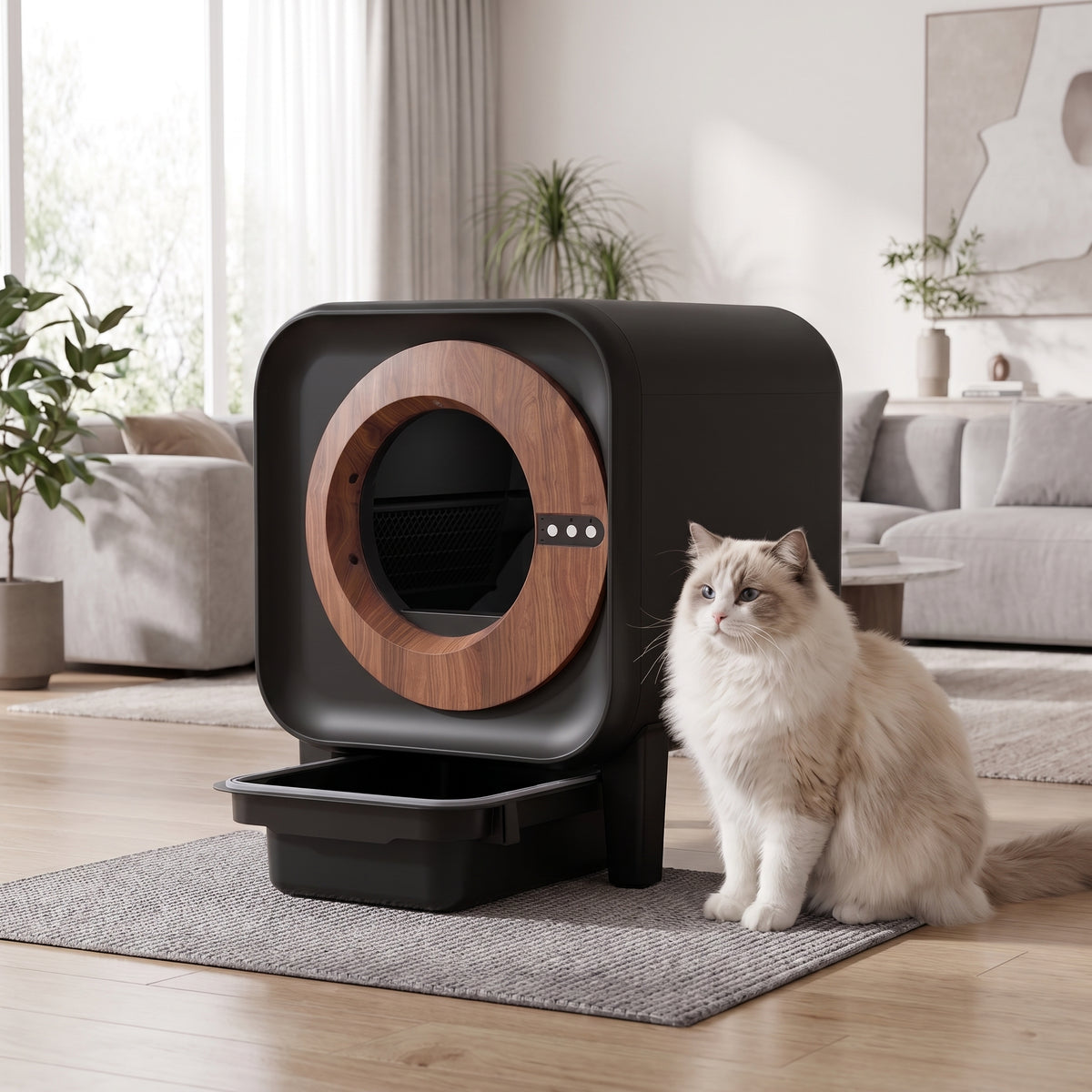 Litière Autonettoyante Connectée Design Noir et Bois - 70L